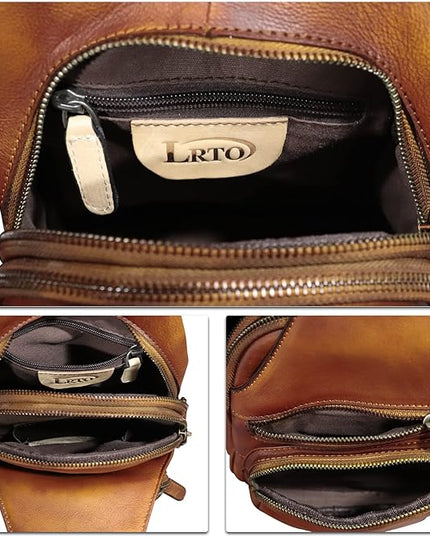 Genuine Leather Sling Bag Crossbody Purse Handmade Hiking Daypack Motorcycle Bag Retro Shoulder Backpack Vintage Chest Bag (Brown)