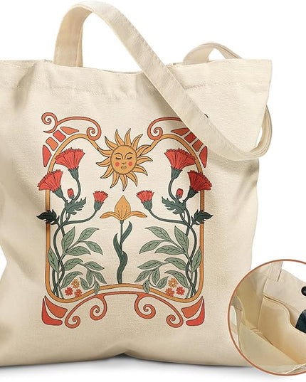 Aesthetic Tote Bag for Girls - with Magnetic Buckle and Zipper Inner Pocket for Women Lady Canvas Cotton Tote Bag