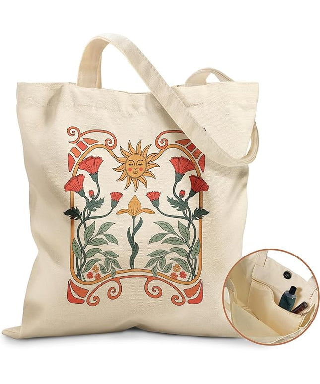 Aesthetic Tote Bag for Girls - with Magnetic Buckle and Zipper Inner Pocket for Women Lady Canvas Cotton Tote Bag