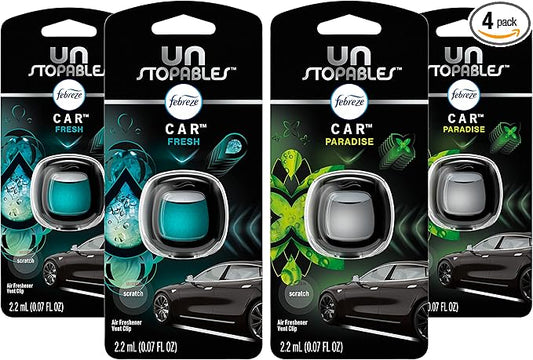 Febreze Car Air Fresheners, Unstopables Fresh & Paradise Scents, Odor Eliminator for Strong Odor, Car Vent Clips, 0.07 Fl Oz (Pack of 4)