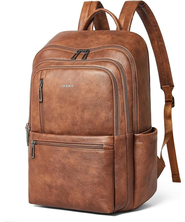 Shrrie 17 inch Leather Laptop Backpack for Women, Large Travel Backpack with 6 Compartments, Vegan Leather Computer backpack purse for WORK Casual Daypack College