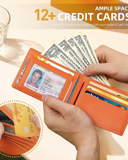 RUNBOX Wallet for Men Slim 11 Credit Card Holder Slots Leather RFID Blocking Small Thin Men's Wallet Bifold Minimalist Front Pocket Large Capacity Gift Box