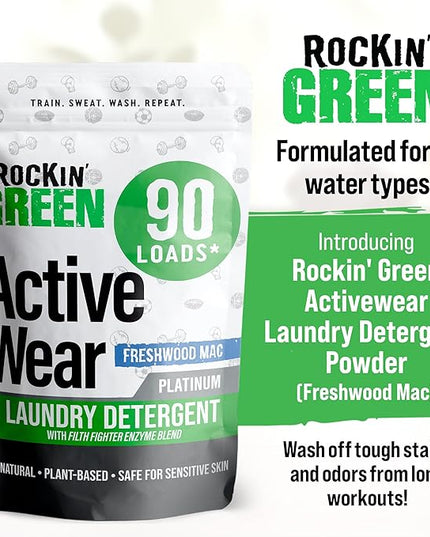 Rockin' Green Laundry Detergent, Plant based, All Natural Laundry Detergent Powder, Vegan and Biodegradable Odor Fighter, Safe for Sensitive Skin (Active Wear 90 Loads - Freshwood Mac)