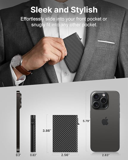 typecase Mens Wallet Card Holder: Pop Up Aluminum Case, Genuine Leather, Smart, RFID Blocking, Slim, Minimalist, Front Pocket - 9-14 Card Capacity | ID Window | Cash Slot (Carbon Fiber Navy)