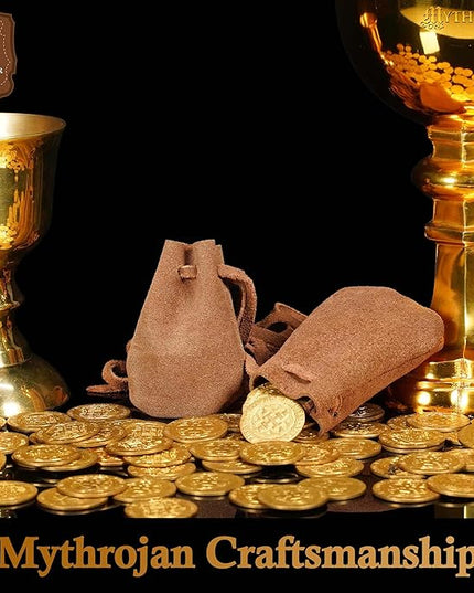 Mythrojan Small Trinket Pouches Suede Leather Drawstring Coin & Dice Bags for LARP, SCA, Viking & Medieval Events (Brown - Pack of 2)