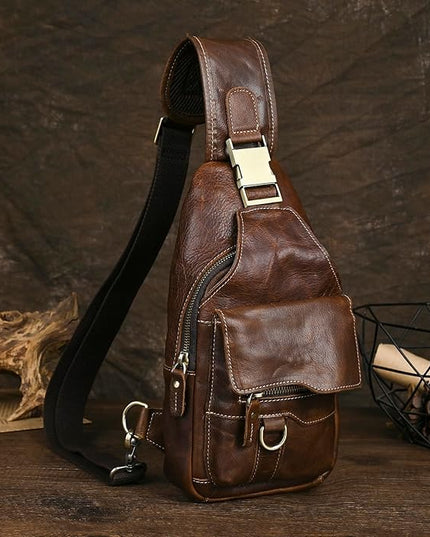 Genuine Leather Hiking Travel DayPack Sling Crossbody Triangle Chest Pack Bag For Men Women 8241