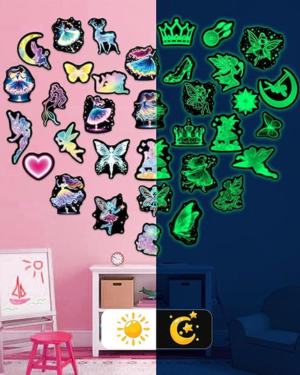 Glow in The Dark Neon Princess Water Bottle Stickers for Kids, 50 Pcs Fairy Waterproof Vinyl Laptop Decals, Teens Girls Boys Adults Phone Case Skateboard Luggage Decor