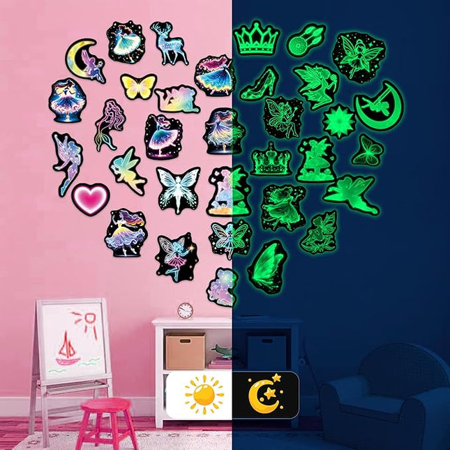 Glow in The Dark Neon Princess Water Bottle Stickers for Kids, 50 Pcs Fairy Waterproof Vinyl Laptop Decals, Teens Girls Boys Adults Phone Case Skateboard Luggage Decor