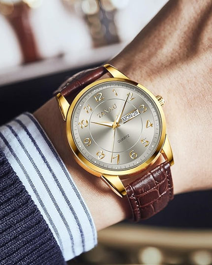 Men Dress Watch Waterproof Leather Watches for Men with Day Date Luxury Large Arabic Numerals Analog Quartz Classic Leather Watch Easy Read relojes para Hombres