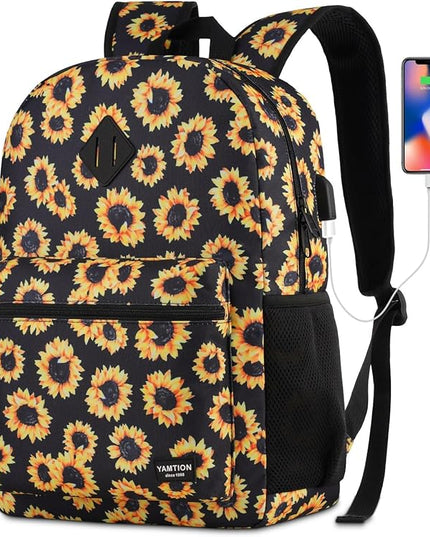 YAMTION School Backpack,Sunflower Bookbag Men and Teen Boy Schoolbag with USB Charging Port for High School College Office Work Travel