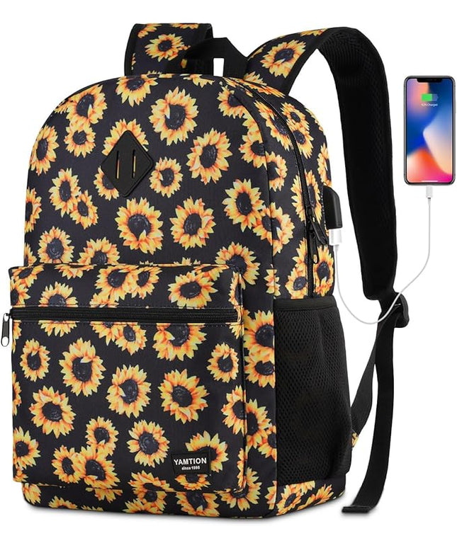 YAMTION School Backpack,Sunflower Bookbag Men and Teen Boy Schoolbag with USB Charging Port for High School College Office Work Travel