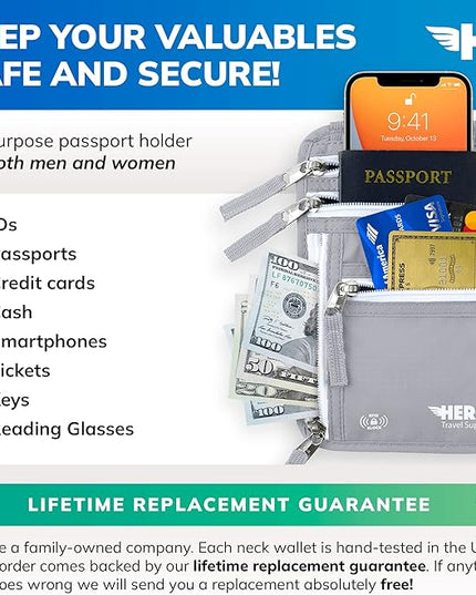 HERO Neck Wallet, RFID Blocking Passport Holder, Easy to Conceal and Pouch