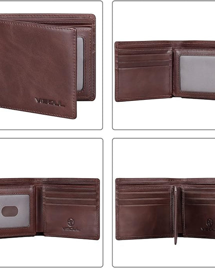 VISOUL Mens Bifold Leather RFID Blocking Wallet with 2 ID Windows, Soft Genuine Leather Card Holder Wallet with 2 Cash Compartments for Men (Coffee)