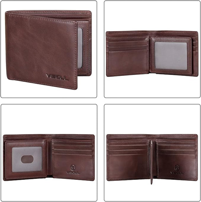 VISOUL Mens Bifold Leather RFID Blocking Wallet with 2 ID Windows, Soft Genuine Leather Card Holder Wallet with 2 Cash Compartments for Men (Coffee)
