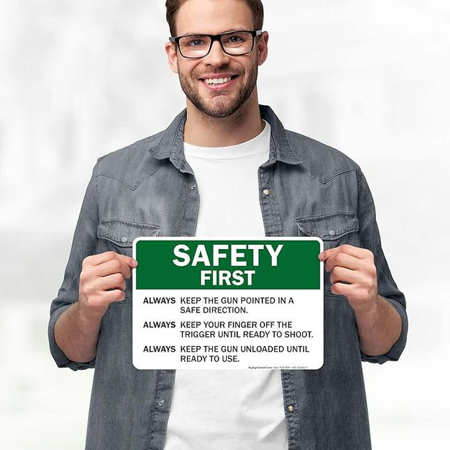 Safety First Always Keep The Gun Pointed In A Safe Direction Sign, 10x7 Inches, 4 Mil Vinyl Decal Stickers Weather Resistant, Made in USA by My Sign Center