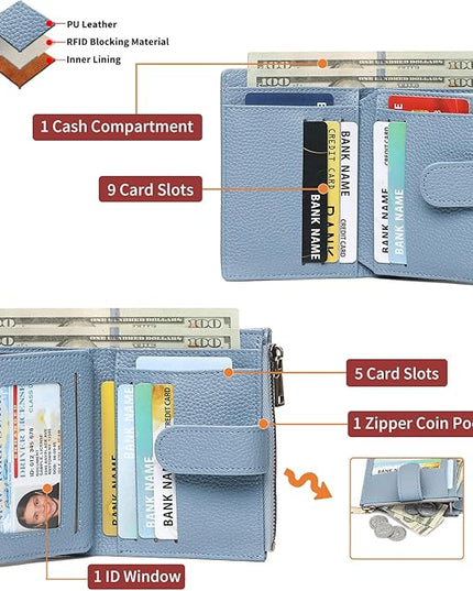 GAEKEAO Small Wallets for Women Leather RFID Blocking Bifold Zipper Pocket Wallet Card Case Purse with ID Window