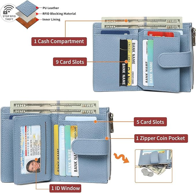 GAEKEAO Small Wallets for Women Leather RFID Blocking Bifold Zipper Pocket Wallet Card Case Purse with ID Window