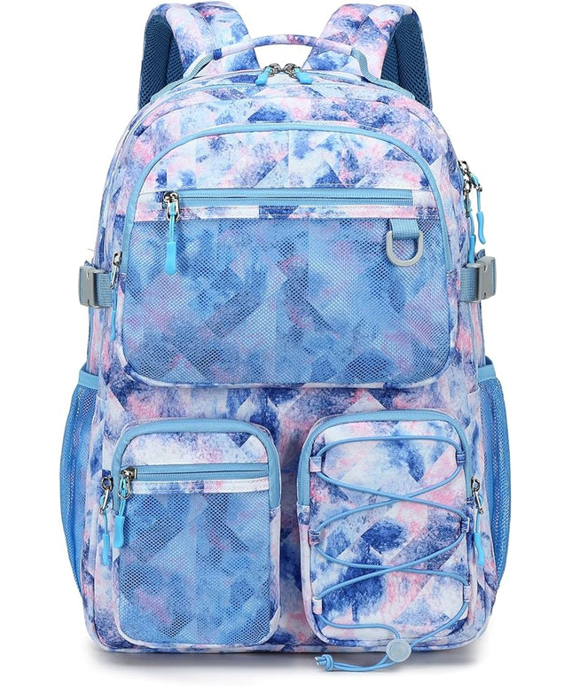 Lohol Multi-Pocket Backpack for Travel College, Heavy Duty Big Bookbag with 15.6 inch Laptop Compartment (Blue Pink Tie-Dye
