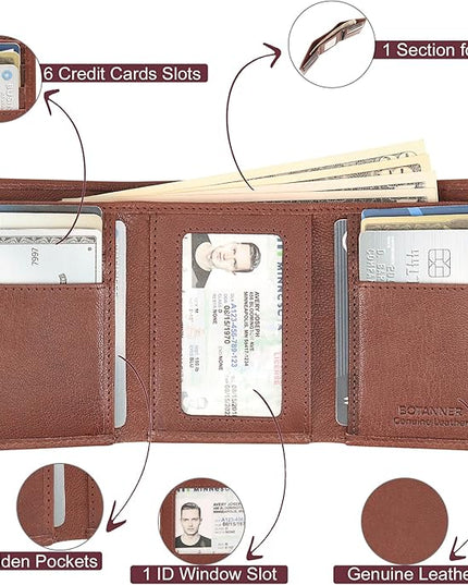 BOTANNER Genuine Leather Mens Trifold Wallet RFID Blocking 6 Credit Card Slots 1 ID Window 1 Section for Bills 2 Hidden Pockets- Choco