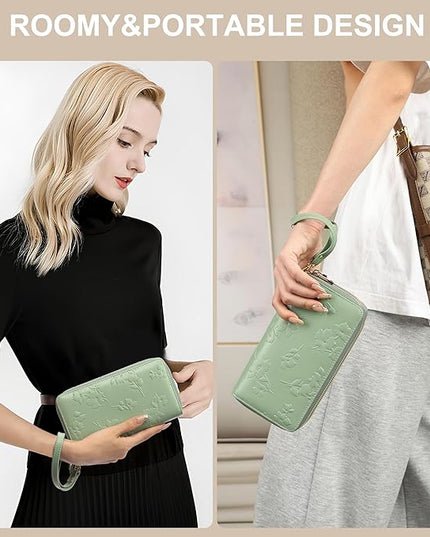 yiijay Womens Wallet RFID Blocking Large Capacity Leather Double Zip Wristlet Wallet Credit Card Phone Holder Ladies Clutch Purse Flora