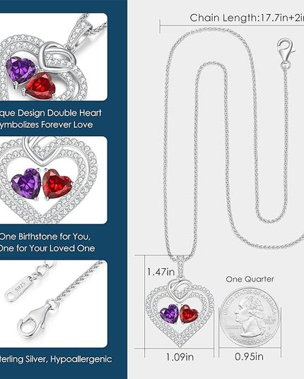 LOUISA SECRET Sparkling Double Heart Birthstone Necklaces for Women, 925 Sterling Silver Fine Jewelry, Pendant Heart Necklaces Birthday Anniversary Christmas Gift for Women Wife Mom Girlfriend Lady