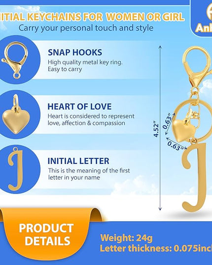 A-Z Heart Initial Letter Keychain, Stainless Steel Alphabet Charm for Handbags, Gift for Women and Girls