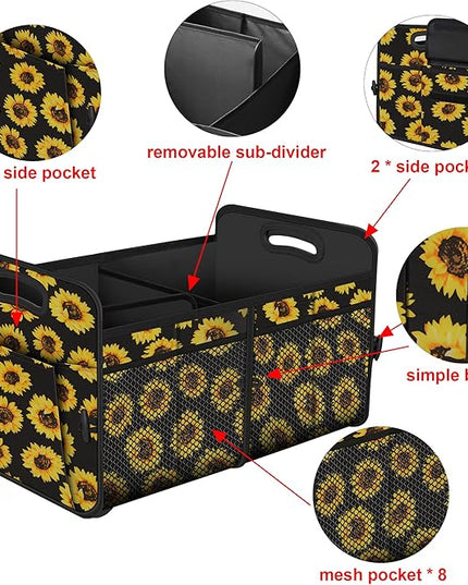 Femuar Car Trunk Organizer with 72L Large Capacity Waterproof Collapsible and 11 Pockets, Trunk Organizer for Car SUV/Jeep/Sedan, Large Size, Sunflower