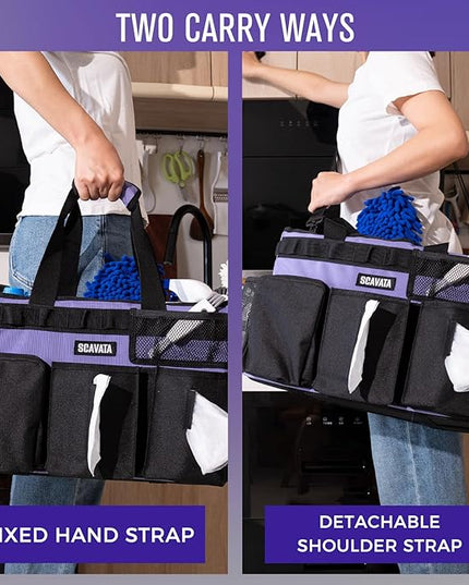 Wearable Cleaning Caddy Bag, Cleaning Caddy Supplies Organizer with Handle & Shoulder Straps for Housekeepers, Under Sink & Car Cleaning Tool Organizers with 4 Foldable Divider (Purple)