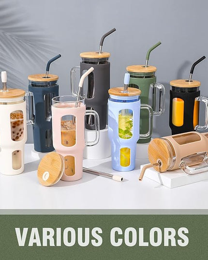 Glass Tumbler with Lid and Straw, 46 oz Iced Coffee Cup with Handle, Large Water Bottles with Silicone Sleeve, Glass Cup with Straws - Pearl Straw & Drinking Straw BPA Free-Olive
