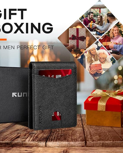 RUNBOX Wallet for Men Slim Leather Bifold RFID Blocking Minimalist Front Pocket Design with Gift Box