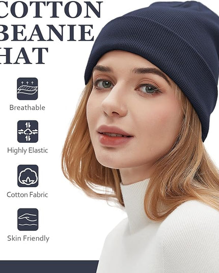 100% Cotton Beanies for Men Women Cotton Hats Soft Warm Unisex Cuffed Plain Skull Hat Autumn Winter Slouchy Knitted Cap