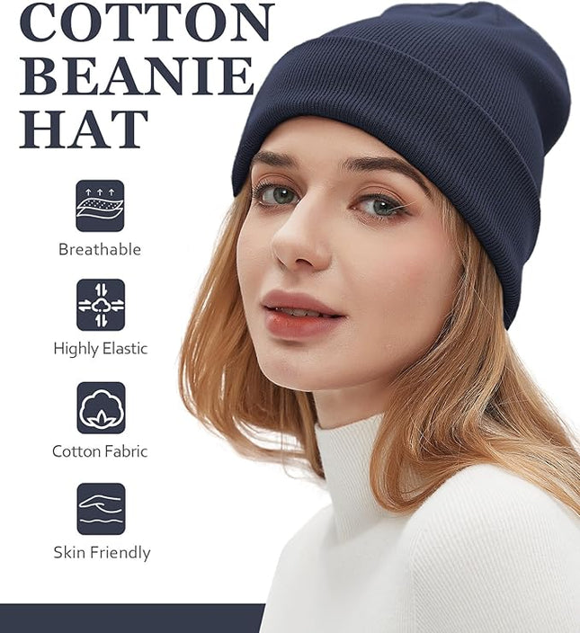 100% Cotton Beanies for Men Women Cotton Hats Soft Warm Unisex Cuffed Plain Skull Hat Autumn Winter Slouchy Knitted Cap