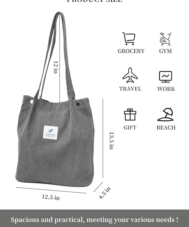 Corduroy Tote Bag Cute Tote Bags for Women Shoulder Bag with Inner Pocket for Work Beach Travel and Shopping Grocery