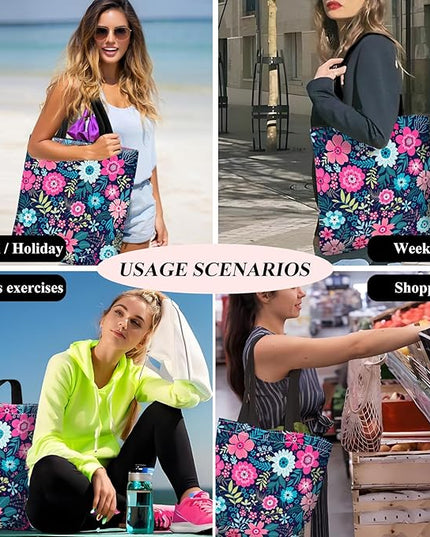 Canvas Tote Bag for Women，Cute Heavy-Duty Shoulder Bag with Zipper Pocket -Travel Tote for Grocery, Gym,Shopping