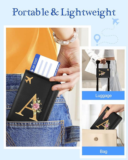 Slohif Initial Passport Holder Cover Wallet Case for Travel Women - Leather Letter Passport Book Family Multiple Personalized Organizer Card Slots Protector Sleeve Essentials Slim Carrier A Black