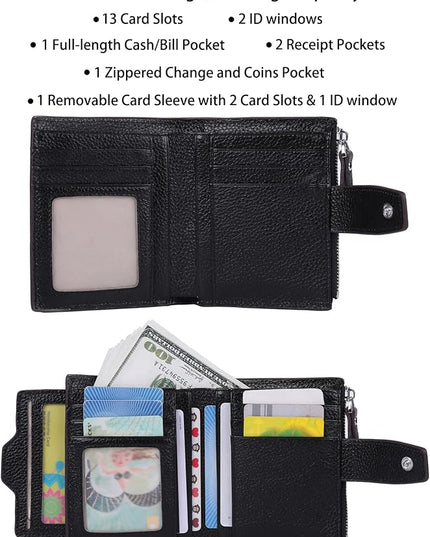 AINIMOER Women's RFID Blocking Leather Small Compact Bi-fold Zipper Pocket Wallet Card Case Purse with id Window