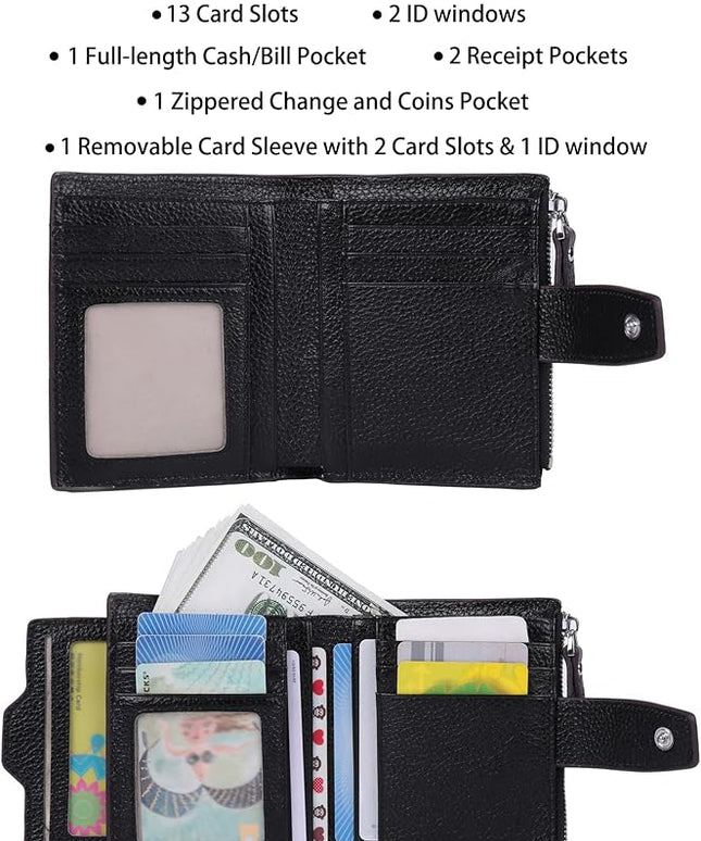AINIMOER Women's RFID Blocking Leather Small Compact Bi-fold Zipper Pocket Wallet Card Case Purse with id Window