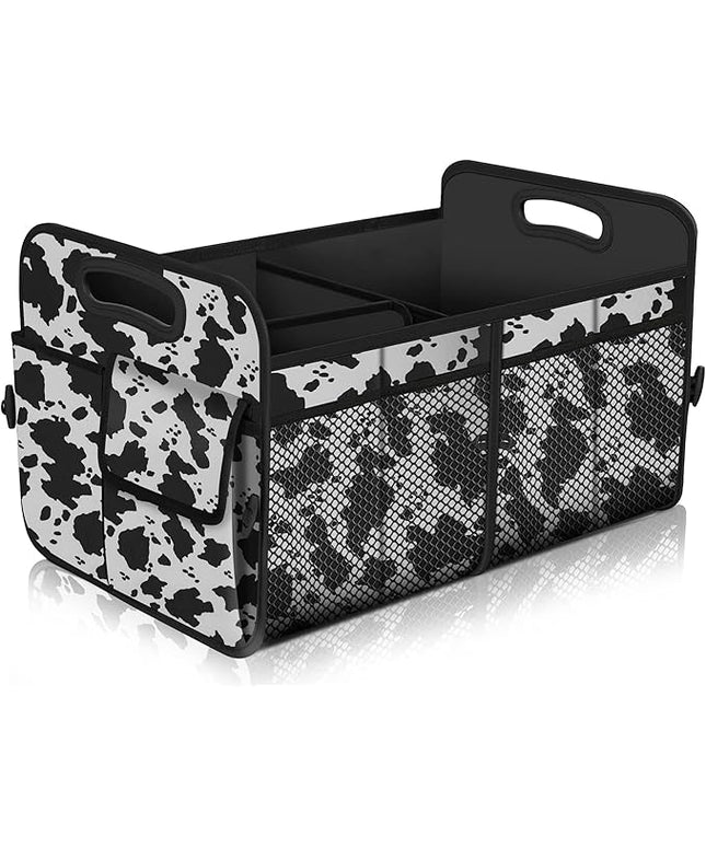 Femuar Car Trunk Organizer,Car Storage Organizer with 72L Large Capacity Waterproof Collapsible and 11 Pockets,Trunk Organizer for Car Suv/Jeep/Sedan, Large Size, Cow print