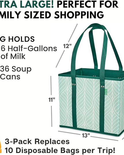 Reusable Grocery Bags (3 Pack) – Heavy Duty Reusable Shopping Bags for Groceries with Box Shape to Stand Up, Stay Open, Fold Flat – Large Tote-Bag is Foldable with Long Handles & Hard Bottom (Green)