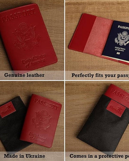 Shvigel US Leather Passport Book Cover - Thin American Travel Passport Holder - Premium International USA Passport Protector Case for Women Men (Red)