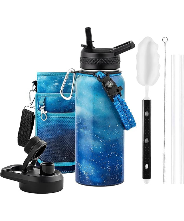 32oz Insulated Water Bottle, Triple Wall Vacuum Stainless Steel Water Bottles - Keeps Cold 48H, Reusable 1/4 Gallon water flask Jug for Gym, Sports, Camping, Hiking,Travel, Aurora-Blue