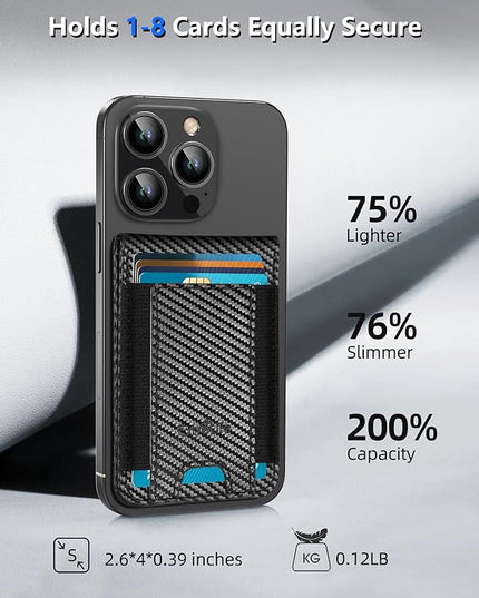 Phone Wallet Stick On, Phone Wallet with Adjustable Stand, Open ID Window, 8-Card Holder, Stronger 3M Adhesive Credit Card Holder for Back of Phone Case, iPhone, Samsung and Android, Carbon Fiber