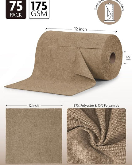 Fantasticlean Microfiber Cleaning Cloth Roll -75 Pack, Tear Away Microfiber Towels, 12" x 12", Reusable, Washable, Scratch Free, Ultra Absorbent for All-Around Cleaning Supplies (TAN)
