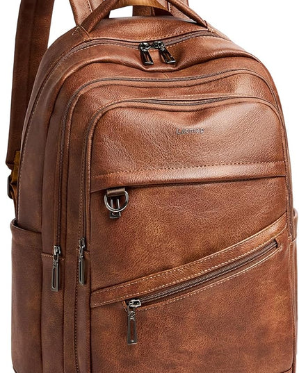 43L Backpack for Women Men - Vegan Leather Backpack Purse Travel Carry-on Bag College Bookbag Work fits 17" Laptop, Brown