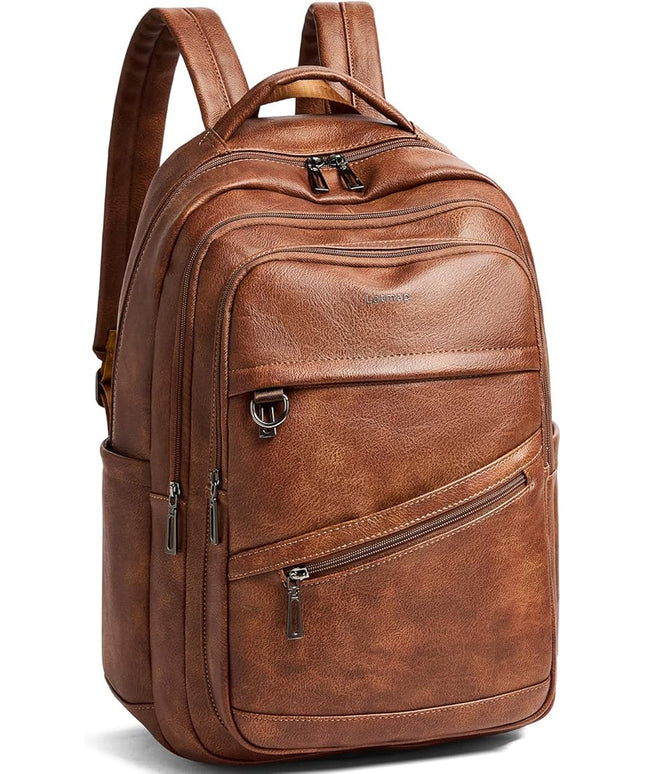 43L Backpack for Women Men - Vegan Leather Backpack Purse Travel Carry-on Bag College Bookbag Work fits 17" Laptop, Brown