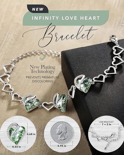 Leafael Infinity Love Heart Link Bracelets, Birthstone or Healing Stone Crystal Bracelet for Women, Silver Tone Jewelry Gifts for Her, 7-inch Chain and 2-inch Extender