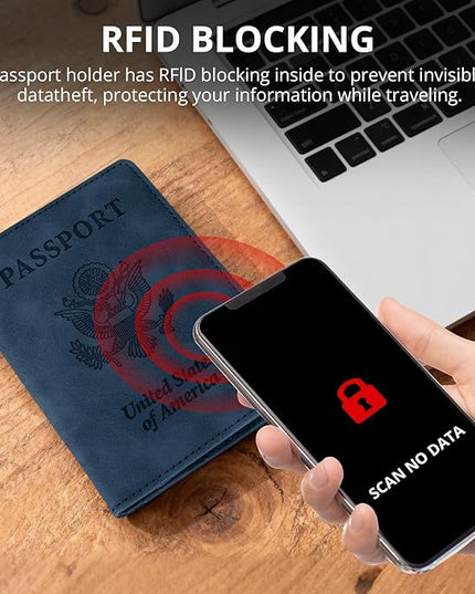 Passport Holder for Travel Essentials,RFID Blocking Passport Cover Wallet Card Case for Women and Men (Dark Blue)
