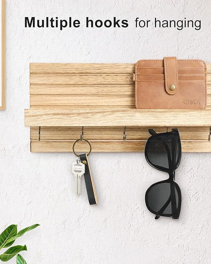 Lwenki Decorative Key Holder for Wall with Shelf, Entryway Shelf with Hooks Holds Leashes, Jackets and Glasses – Sturdy Wood Keyholder Entrance Hanger with Mounting Hardware (Wood, Medium)