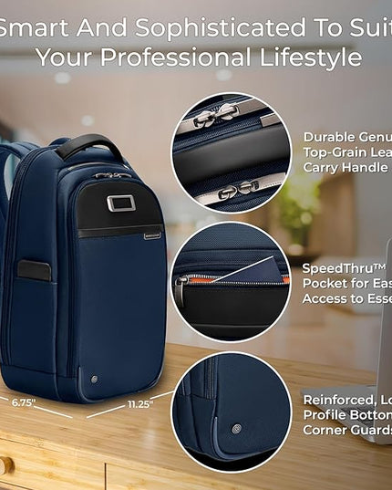 Briggs & Riley Slim Backpack for Women & Men - Laptop Backpack, For Work & Travel, Carry On Size, Lightweight & Durable, Padded Straps, Fits up to 14" Laptop - @work Collection, Navy
