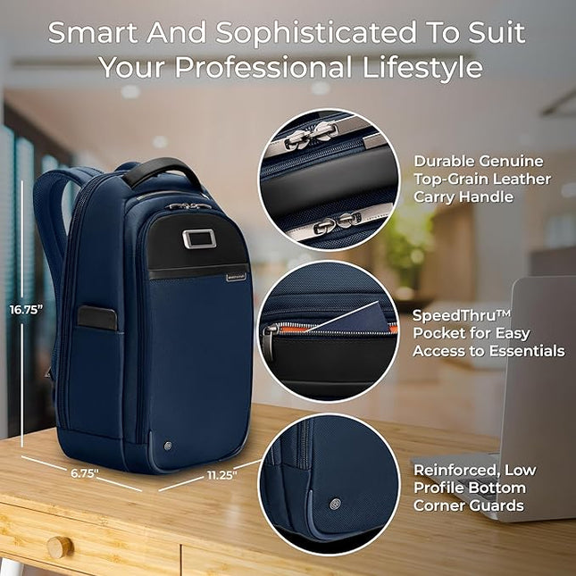 Briggs & Riley Slim Backpack for Women & Men - Laptop Backpack, For Work & Travel, Carry On Size, Lightweight & Durable, Padded Straps, Fits up to 14" Laptop - @work Collection, Navy